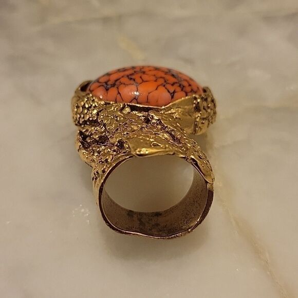 Yves Saint Laurent YSL 5 Arty Orange Coral Cabochon Limited RARE 24k Gold Ring - Picture 7 of 14